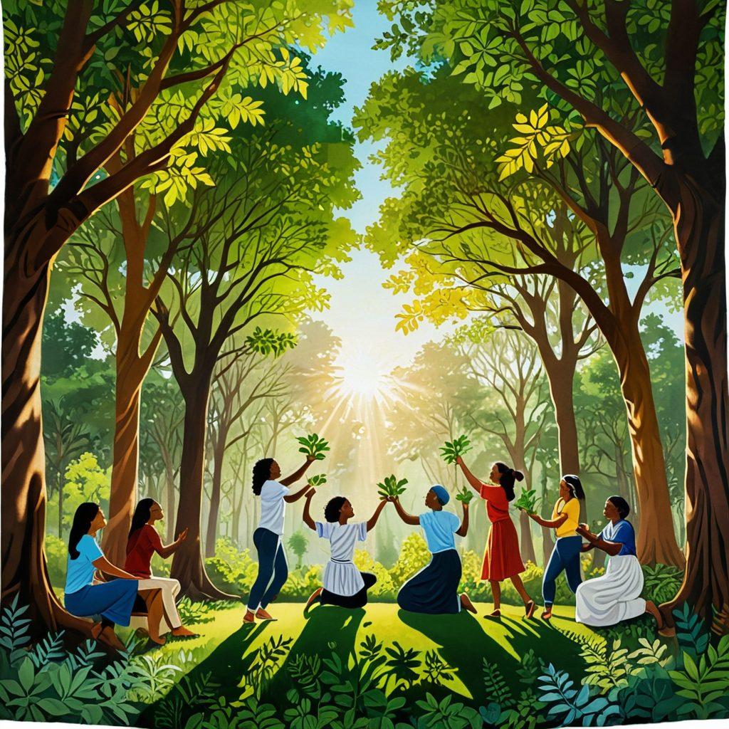 A vibrant tapestry depicting diverse individuals from various cultures joyfully planting trees together in a lush, green landscape, symbolizing unity and climate action. Brightly colored banners reading 'Climate Justice' flutter in the breeze, surrounded by flora representing different ecosystems. The scene embraces hope and resilience, with soft sunlight filtering through the leaves above. super-realistic. vibrant colors. outdoor setting.