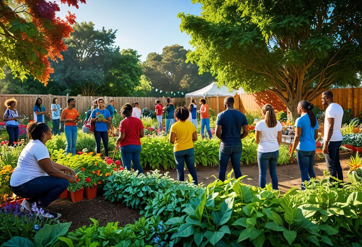 A vibrant scene depicting a diverse group of people engaged in eco-friendly activities, surrounded by flourishing plants and a rainbow flag blowing gently in the breeze. The individuals, representing various ethnicities and gender identities, are smiling and collaborating on a community garden while recycling waste. Sunlight filters through leaves, creating a warm and inviting atmosphere that embodies unity and activism. Illustrate with bright colors and a harmonious blend of nature and pride elements. super-realistic. vibrant colors. 3D.